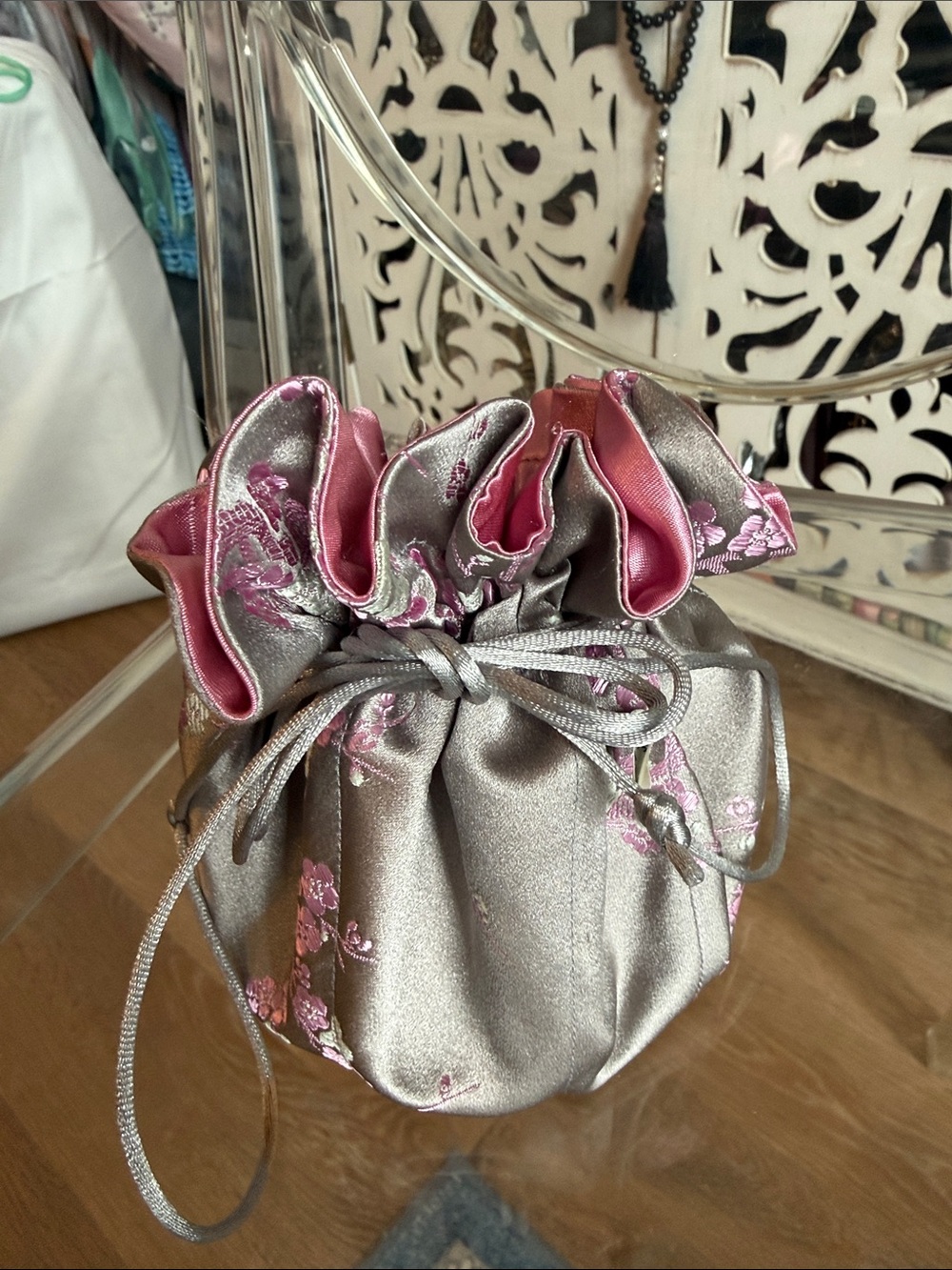 Silver and Pink Floral Drawstring Mini Pouch